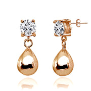 Rose Gold Flashed Sterling Silver Cubic Zirconia 6mm Dangling Pear-Shape Bead Stud Earrings