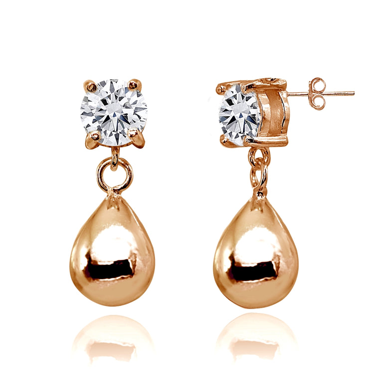 Rose Gold Flashed Sterling Silver Cubic Zirconia 6mm Dangling Pear-Shape Bead Stud Earrings