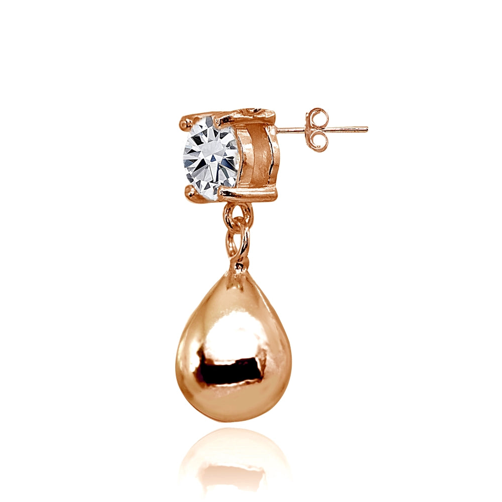 Rose Gold Flashed Sterling Silver Cubic Zirconia 6mm Dangling Pear-Shape Bead Stud Earrings-2