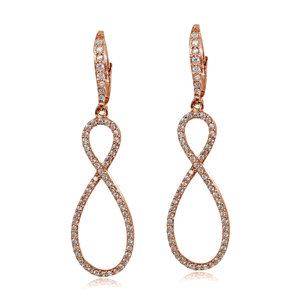 Rose Gold Flashed Sterling Silver Cubic Zirconia Infinity Long Dangle Leverback Earrings-3