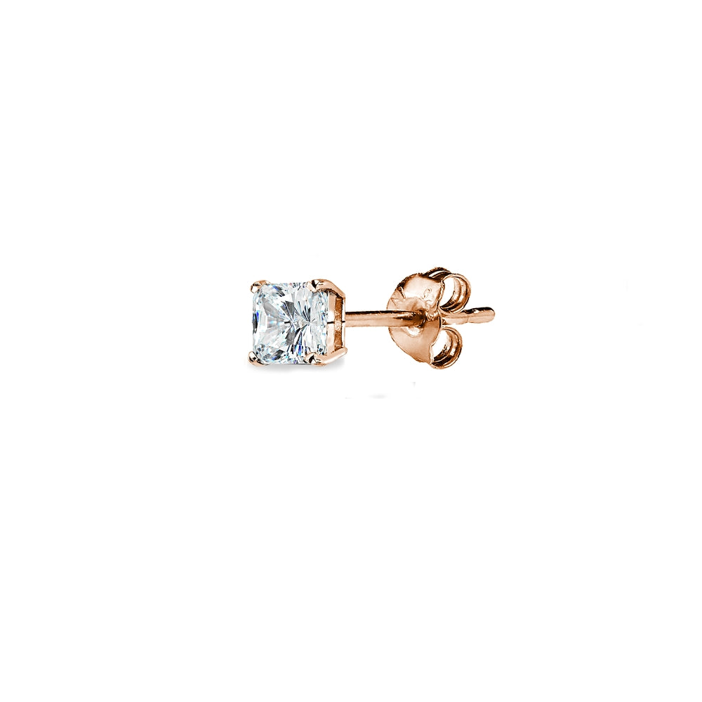 Rose Gold Flash Sterling Silver AAA Cubic Zirconia 3x3mm Princess-Cut Square Stud Earrings-2