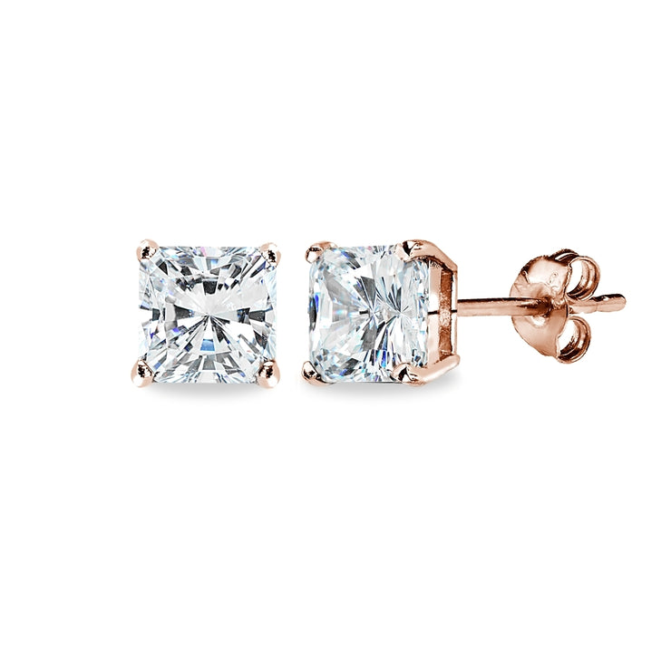 Rose Gold Flash Sterling Silver AAA Cubic Zirconia 6x6mm Princess-Cut Square Stud Earrings