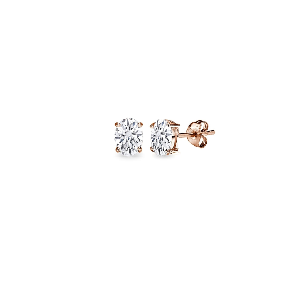 Rose Gold Flash Sterling Silver AAA Cubic Zirconia 5x3mm Oval-Cut Stud Earrings