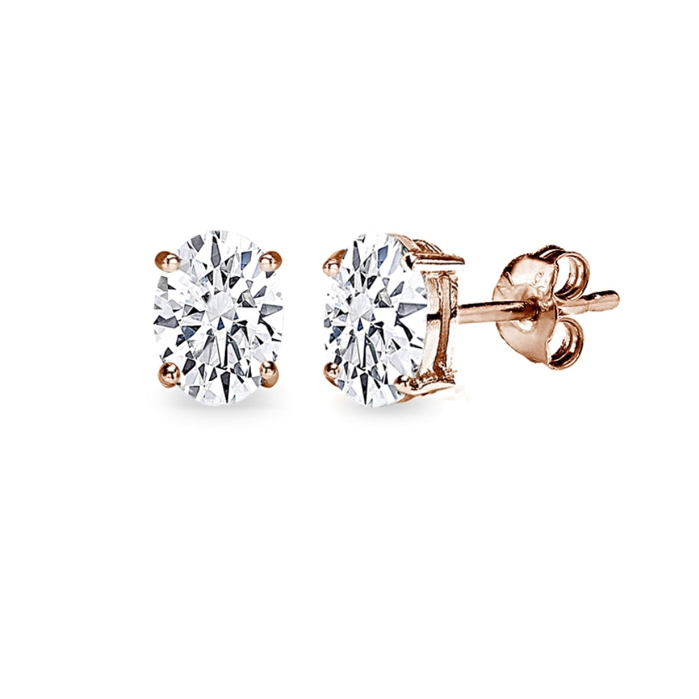 Rose Gold Flash Sterling Silver AAA Cubic Zirconia 7x5mm Oval-Cut Stud Earrings