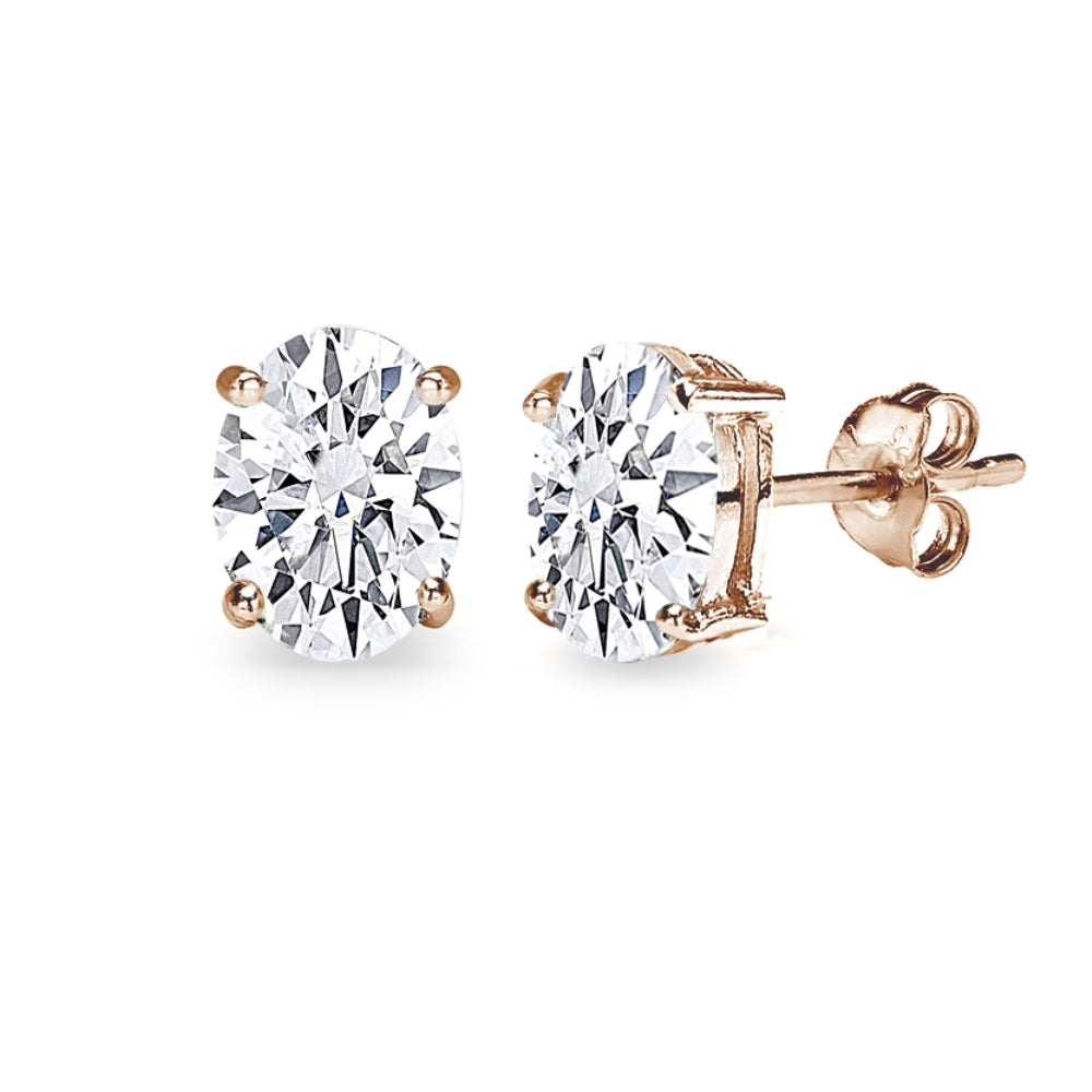 Rose Gold Flash Sterling Silver AAA Cubic Zirconia 8x6mm Oval-Cut Stud Earrings