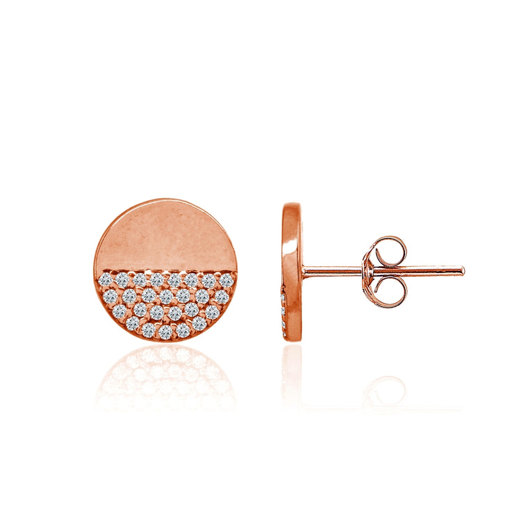 Rose Gold Flashed Sterling Silver Polished Round Disk Cubic Zirconia Dainty Stud Earrings