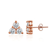 Rose Gold Flashed Sterling Silver Three Stone Round Cubic Zirconia Cluster Triangle Stud Earrings