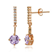 Rose Gold Flashed Sterling Silver Amethyst & White Topaz Round Encrusted Bar Dangle Drop Earrings