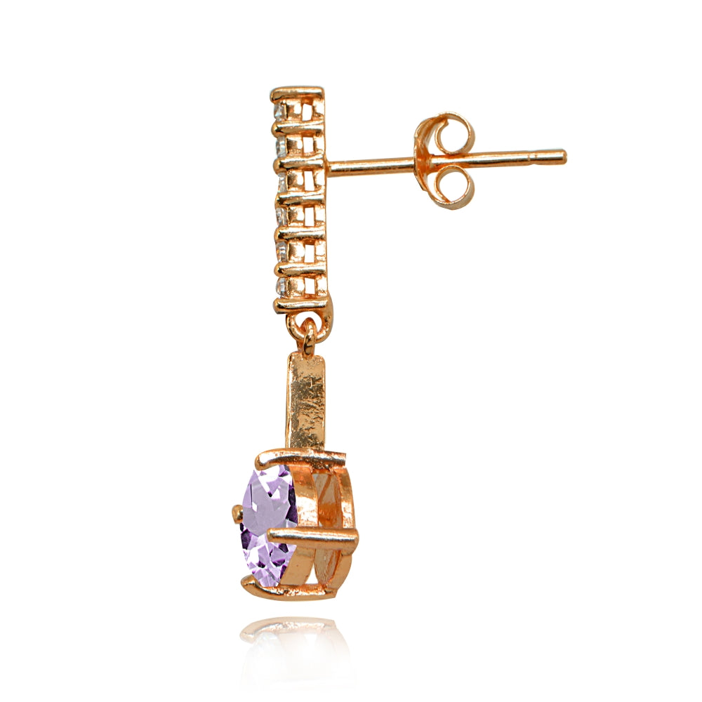 Rose Gold Flashed Sterling Silver Amethyst & White Topaz Round Encrusted Bar Dangle Drop Earrings-2