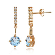 Rose Gold Flashed Sterling Silver Blue & White Topaz Round Encrusted Bar Dangle Drop Earrings