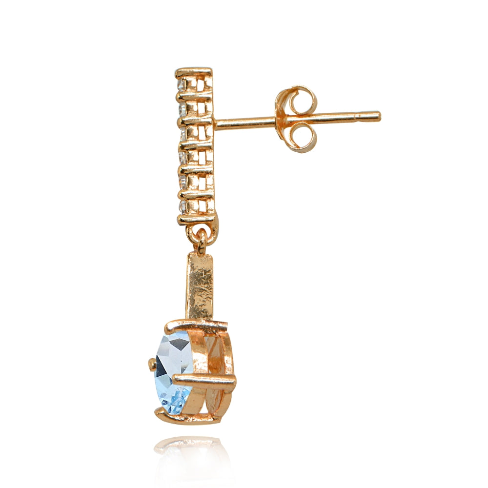 Rose Gold Flashed Sterling Silver Blue & White Topaz Round Encrusted Bar Dangle Drop Earrings-2