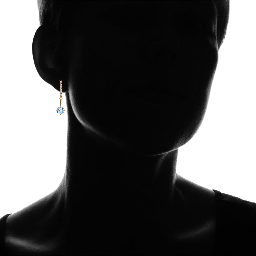 Rose Gold Flashed Sterling Silver Blue & White Topaz Round Encrusted Bar Dangle Drop Earrings-3