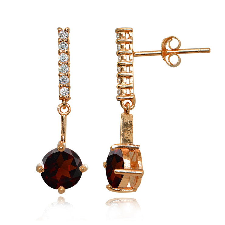 Rose Gold Flashed Sterling Silver Garnet & White Topaz Round Encrusted Bar Dangle Drop Earrings