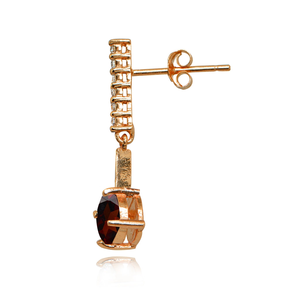 Rose Gold Flashed Sterling Silver Garnet & White Topaz Round Encrusted Bar Dangle Drop Earrings-2