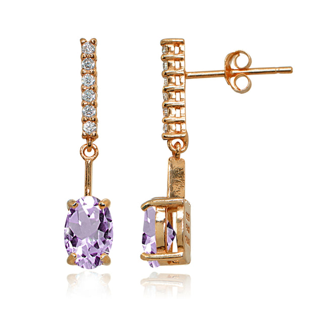 Rose Gold Flashed Sterling Silver Amethyst & White Topaz Oval Encrusted Bar Dangle Drop Earrings