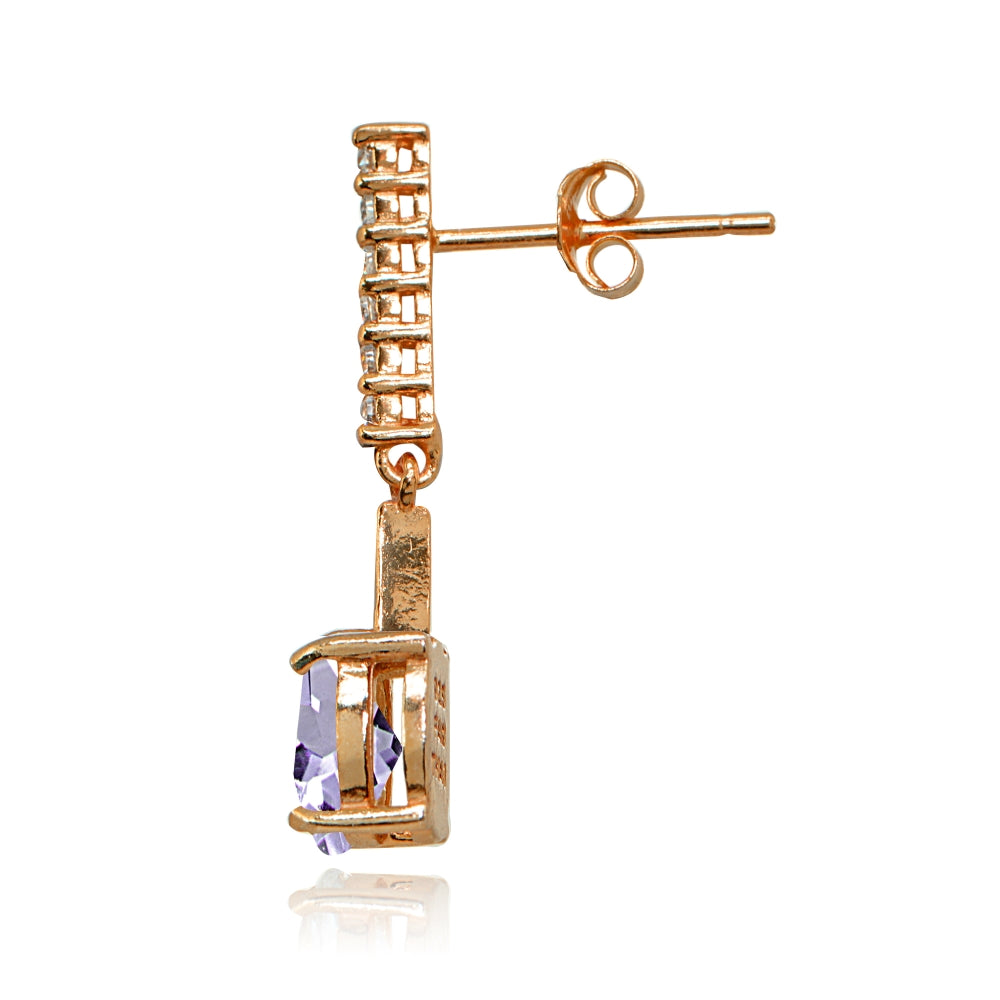 Rose Gold Flashed Sterling Silver Amethyst & White Topaz Oval Encrusted Bar Dangle Drop Earrings-2
