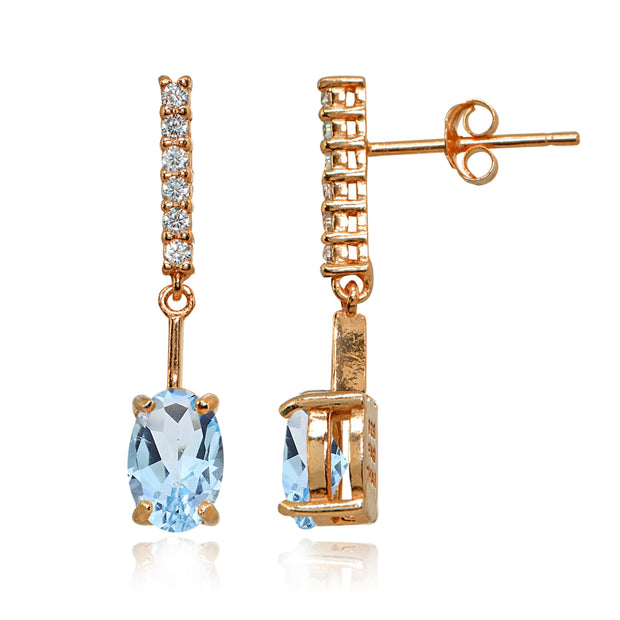 Rose Gold Flashed Sterling Silver Blue & White Topaz Oval Encrusted Bar Dangle Drop Earrings