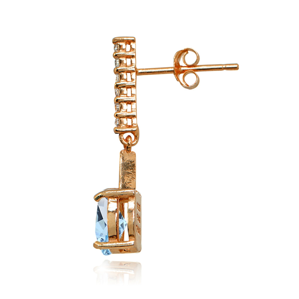 Rose Gold Flashed Sterling Silver Blue & White Topaz Oval Encrusted Bar Dangle Drop Earrings-2
