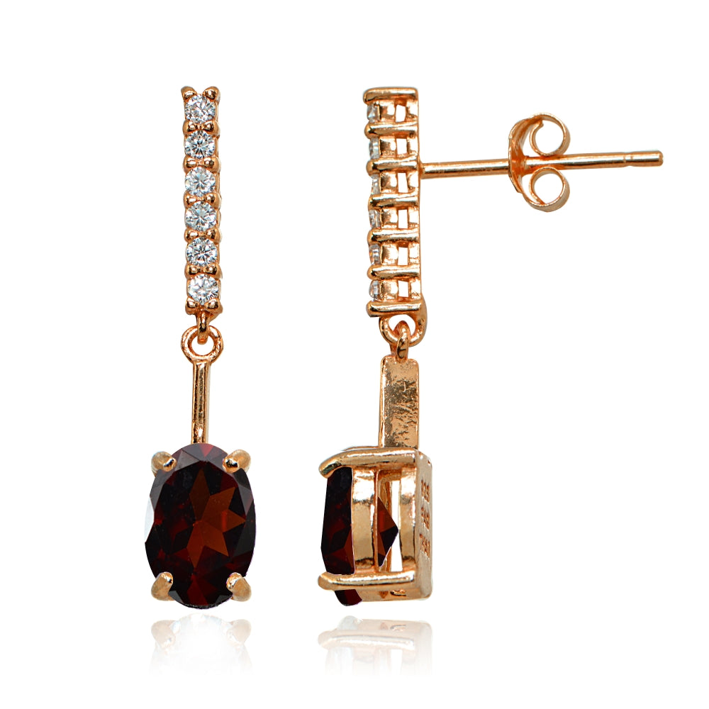 Rose Gold Flashed Sterling Silver Garnet & White Topaz Oval Encrusted Bar Dangle Drop Earrings