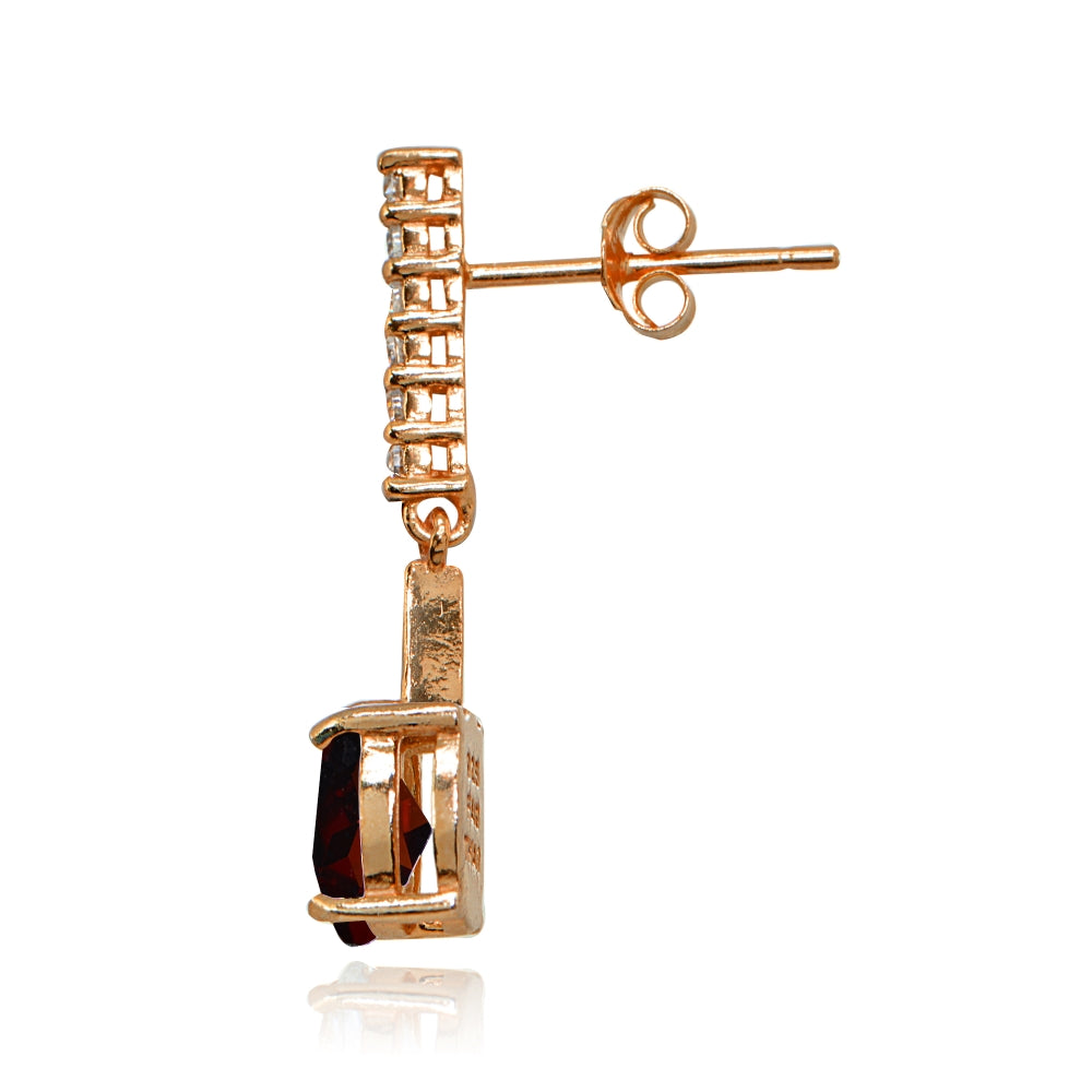 Rose Gold Flashed Sterling Silver Garnet & White Topaz Oval Encrusted Bar Dangle Drop Earrings-2