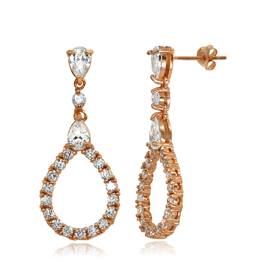 Rose Gold Flashed Sterling Silver Cubic Zirconia Teardrop Statement Dangle Drop Earrings