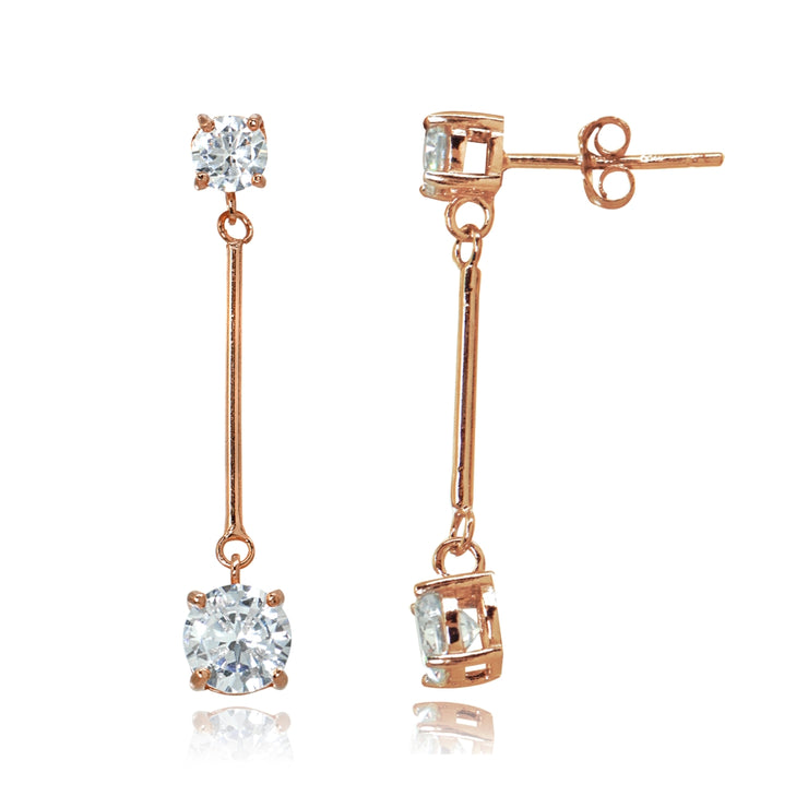 Rose Gold Flashed Sterling Silver Cubic Zirconia Round Statement Bar Dangle Drop Earrings