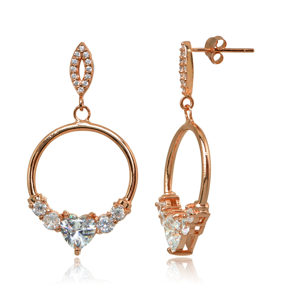 Rose Gold Flashed Sterling Silver Cubic Zirconia Heart Frontal Hoop Dangle Drop Earrings