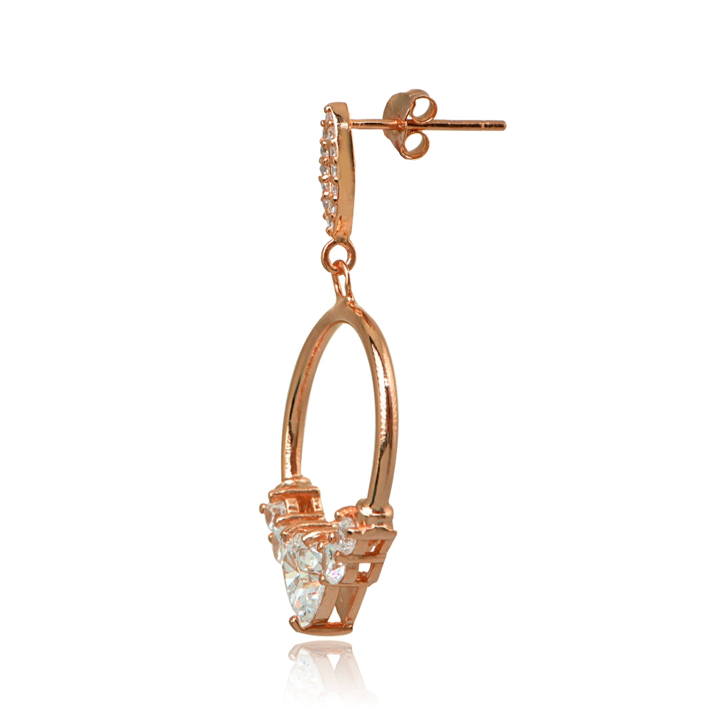 Rose Gold Flashed Sterling Silver Cubic Zirconia Heart Frontal Hoop Dangle Drop Earrings-2