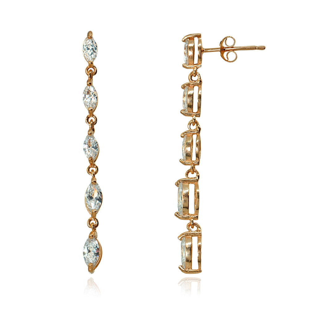 Rose Gold Flashed Sterling Silver Cubic Zirconia Marquise-cut Long Dangle Drop Earrings