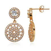Rose Gold Flashed Sterling Silver Polished Cubic Zirconia Round Medallion Cluster Dangle Drop Earrings