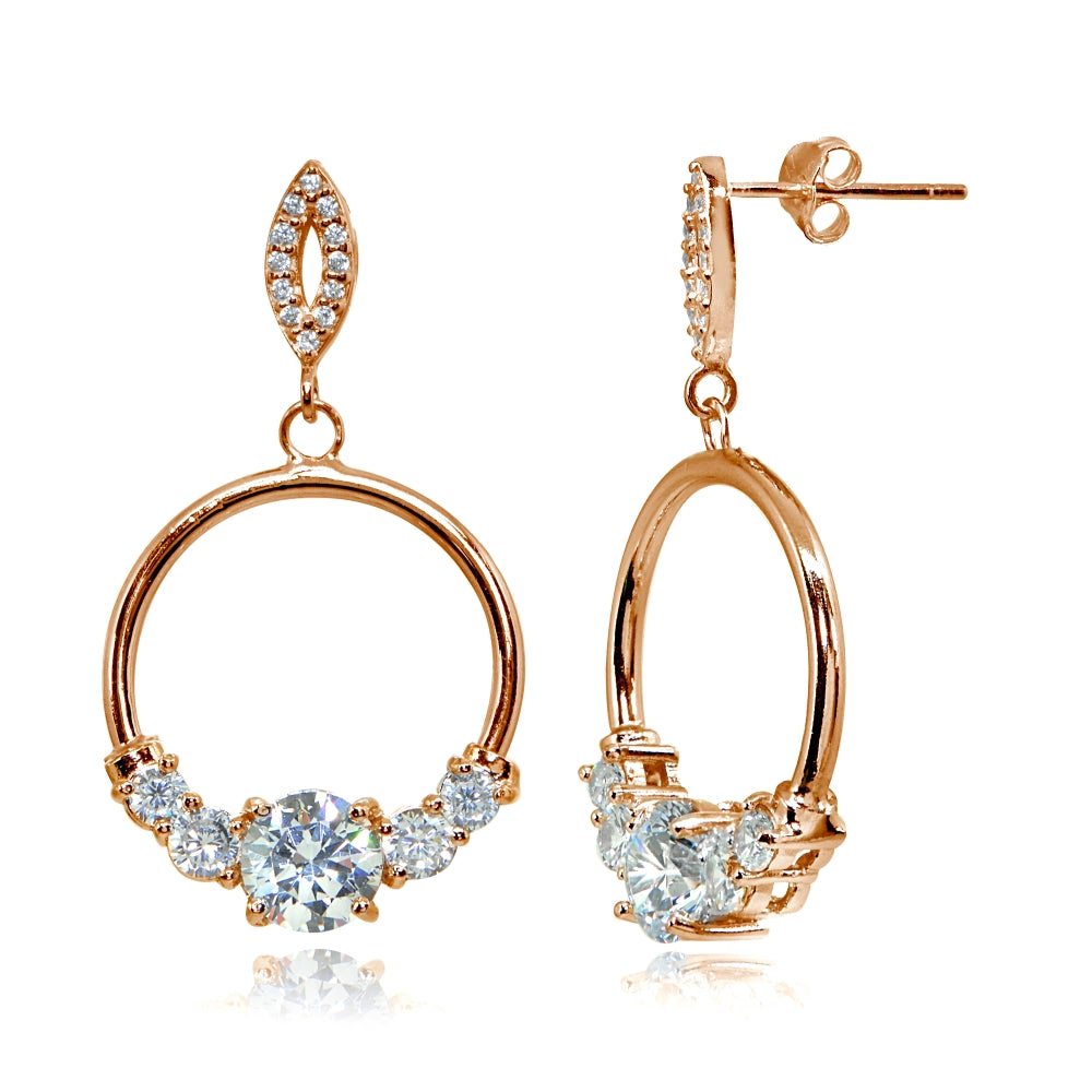 Rose Gold Flashed Sterling Silver Cubic Zirconia Round Frontal Hoop Dangle Drop Earrings