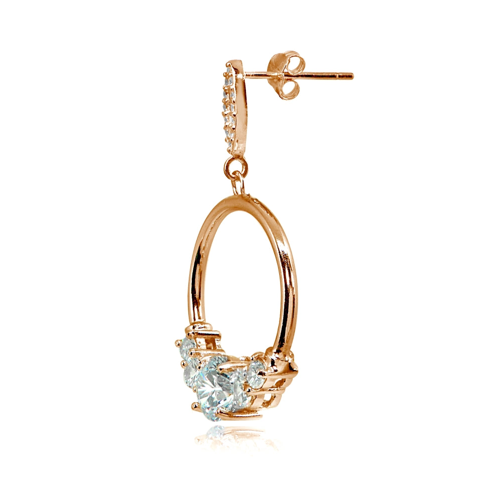 Rose Gold Flashed Sterling Silver Cubic Zirconia Round Frontal Hoop Dangle Drop Earrings-2