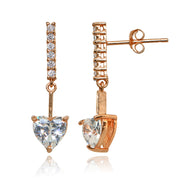 Rose Gold Flashed Sterling Silver Cubic Zirconia Heart Encrusted Bar Statement Dangle Drop Earrings