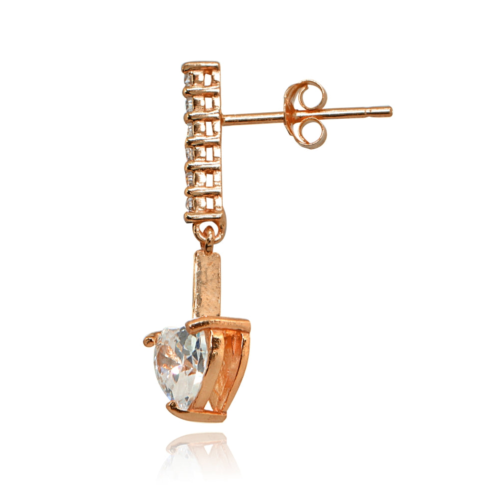 Rose Gold Flashed Sterling Silver Cubic Zirconia Heart Encrusted Bar Statement Dangle Drop Earrings-2