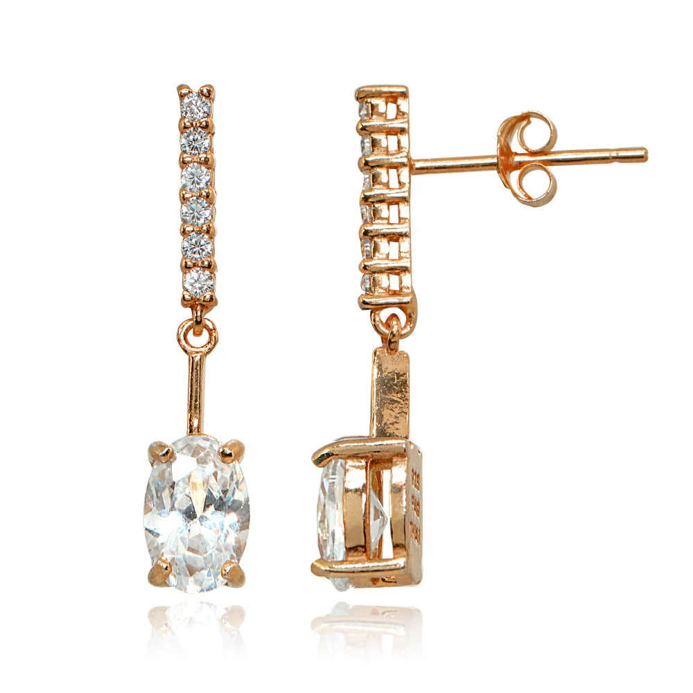 Rose Gold Flashed Sterling Silver Cubic Zirconia Oval-cut Encrusted Bar Statement Dangle Drop Earrings