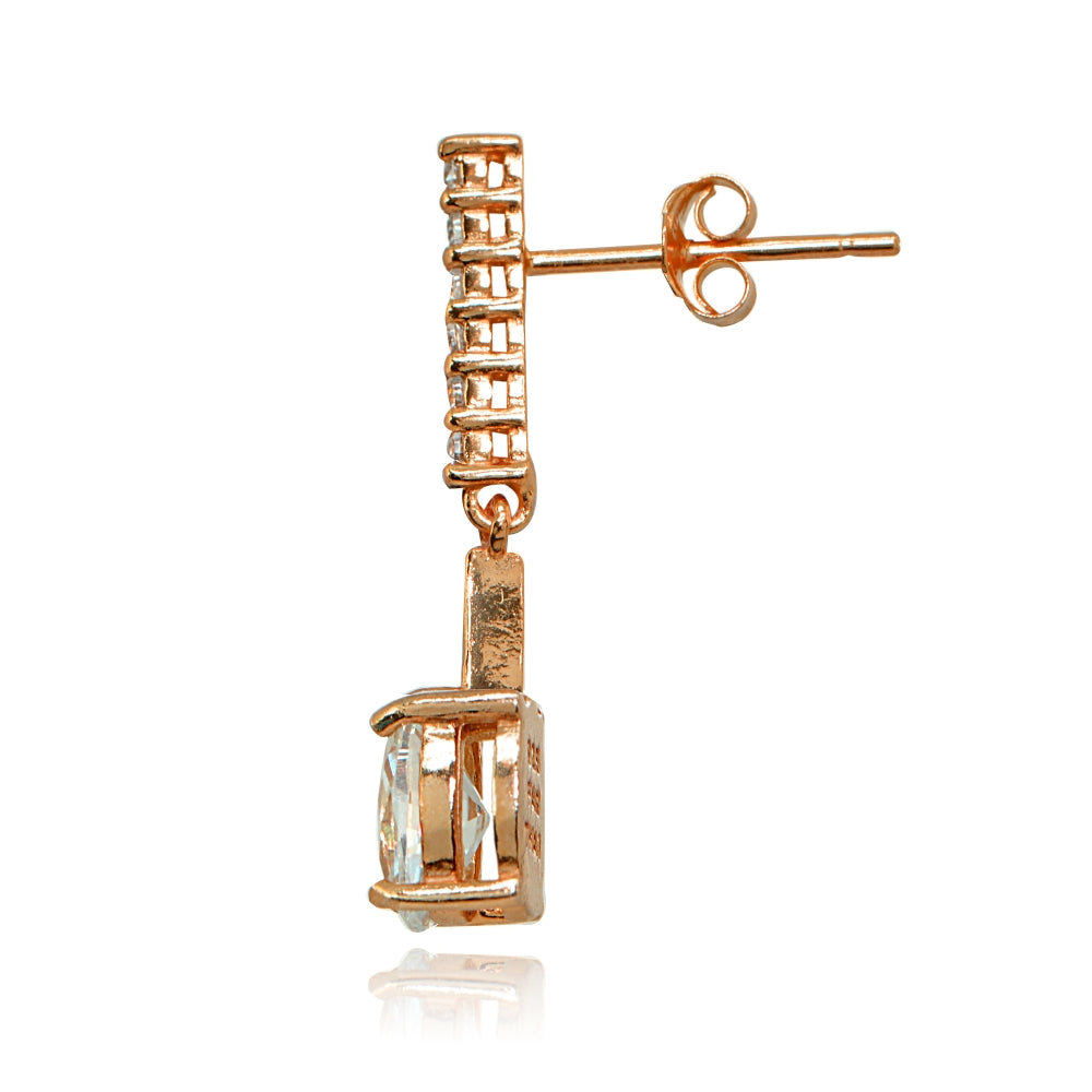 Rose Gold Flashed Sterling Silver Cubic Zirconia Oval-cut Encrusted Bar Statement Dangle Drop Earrings-2