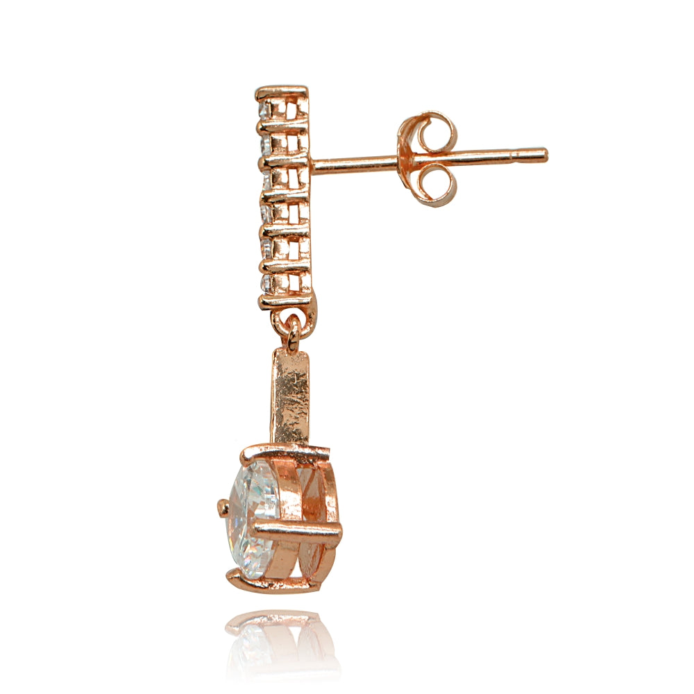 Rose Gold Flashed Sterling Silver Cubic Zirconia Round-cut Encrusted Bar Statement Dangle Drop Earrings-2