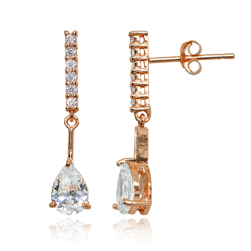 Rose Gold Flashed Sterling Silver Cubic Zirconia Teardrop Encrusted Bar Statement Dangle Drop Earrings