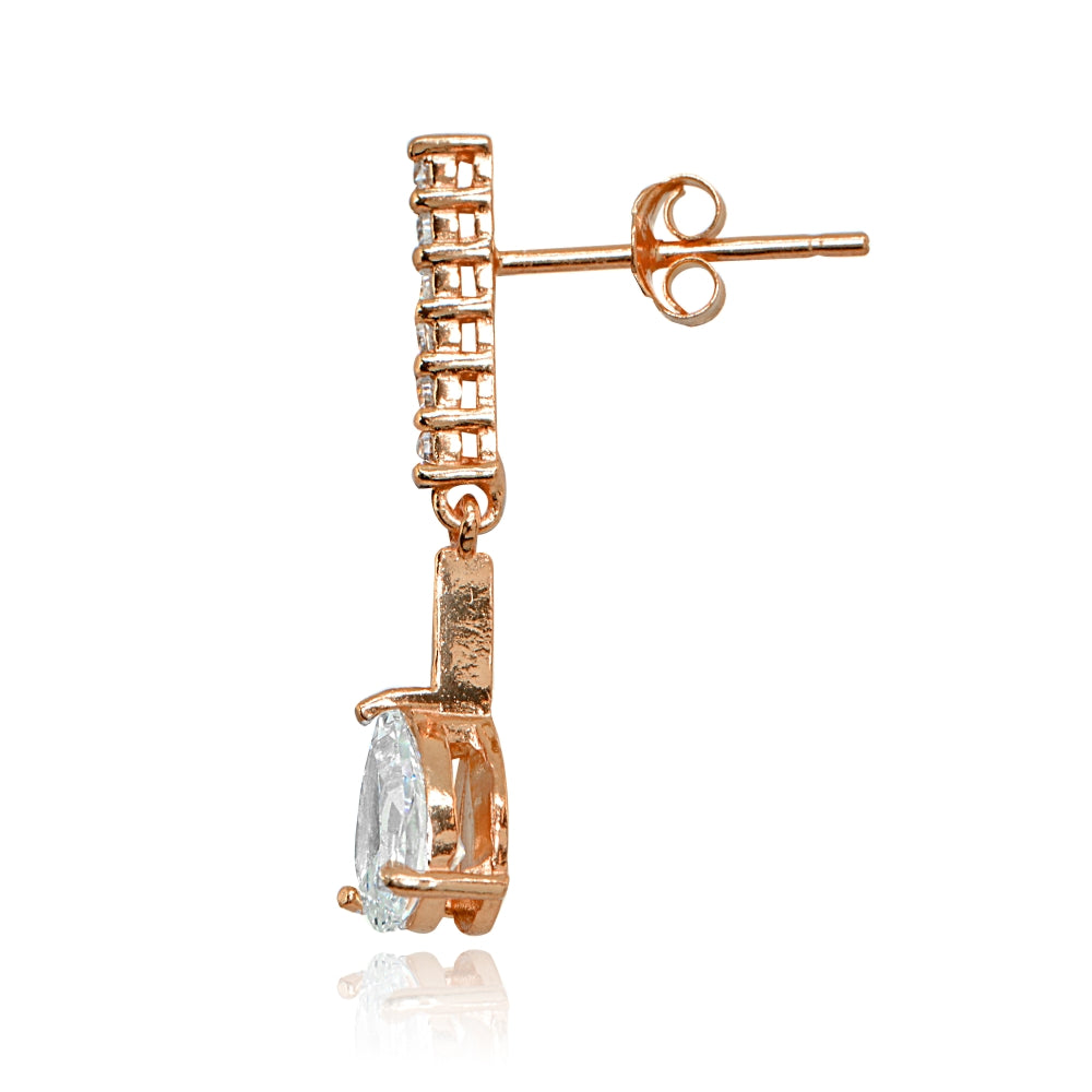 Rose Gold Flashed Sterling Silver Cubic Zirconia Teardrop Encrusted Bar Statement Dangle Drop Earrings-2