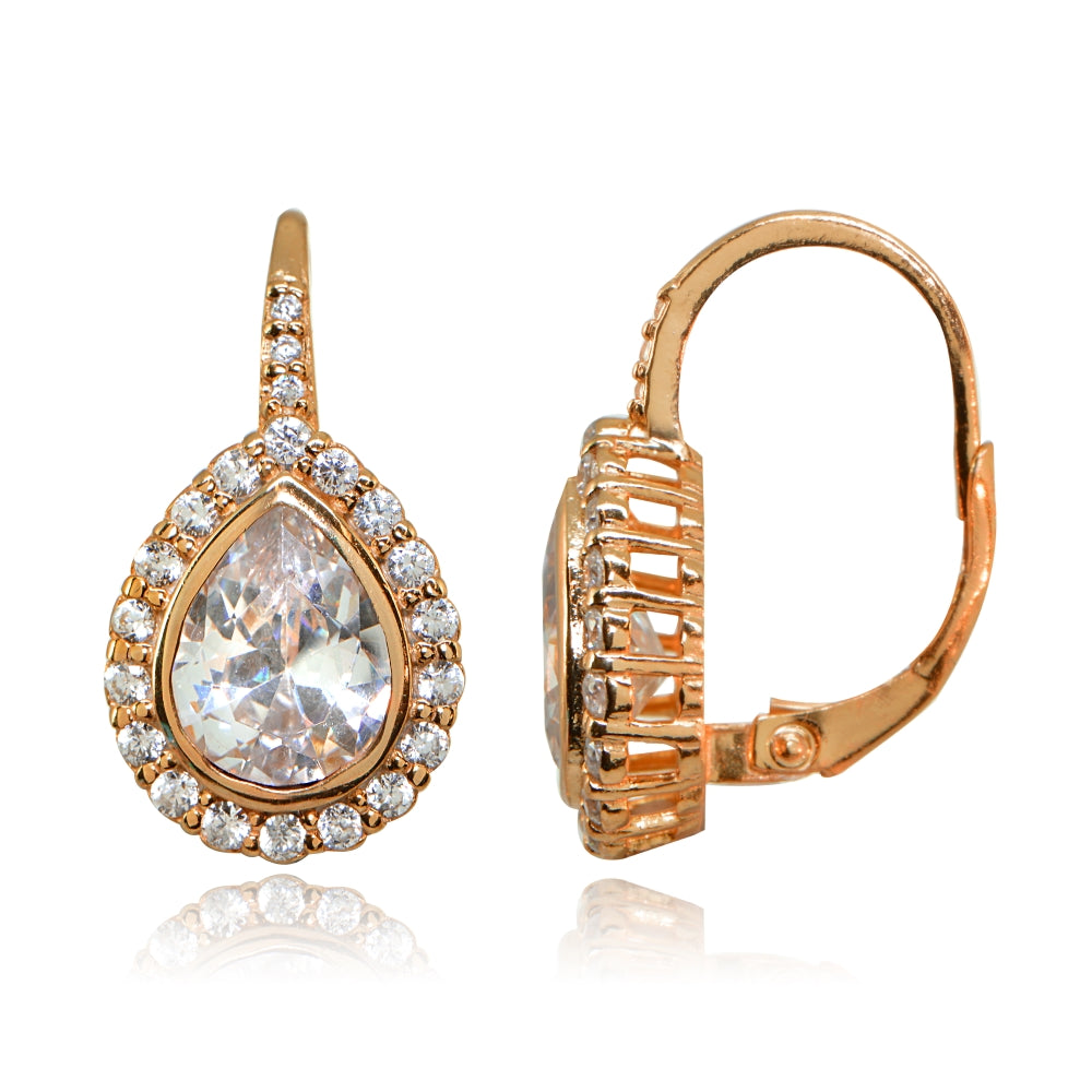 Rose Gold Flashed Sterling Silver Polished Cubic Zirconia Teardrop Halo Leverback Earrings