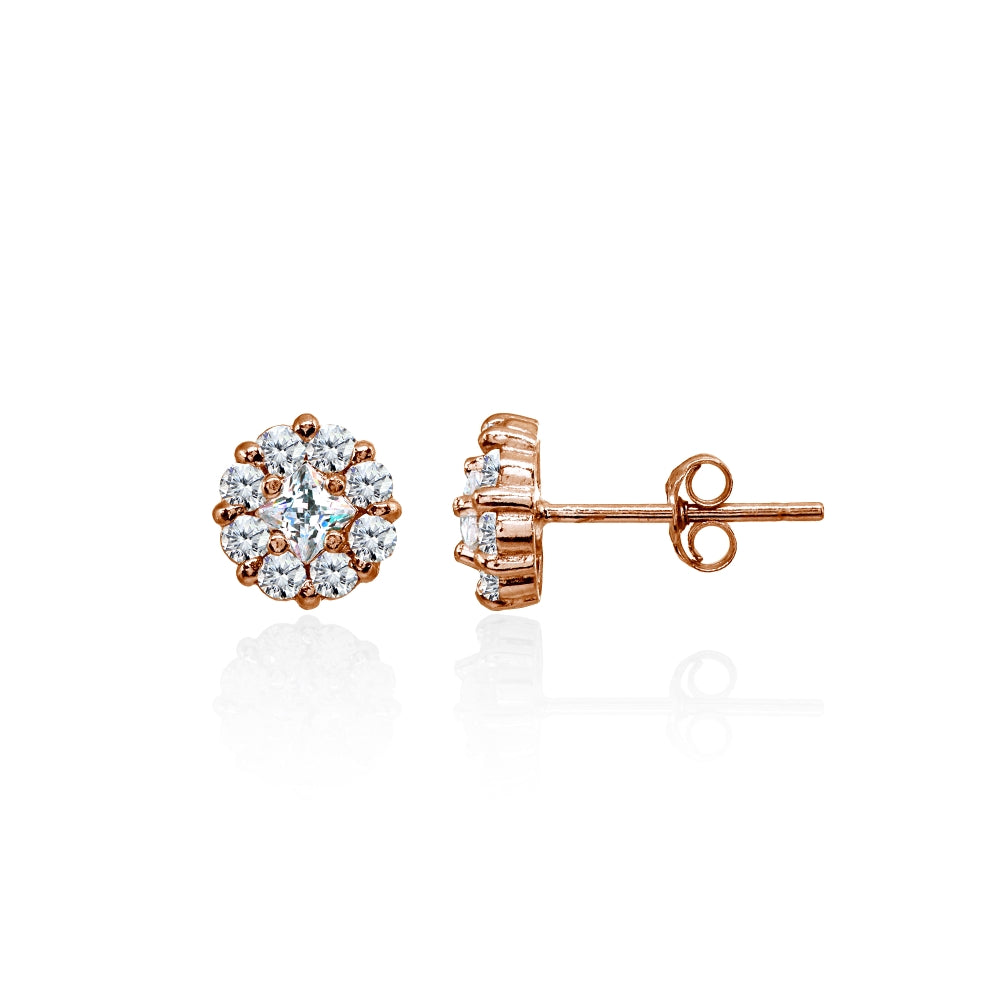 Rose Gold Flashed Sterling Silver Cubic Zirconia Princess-Cut and Round-Cut Halo 8mm Stud Earrings