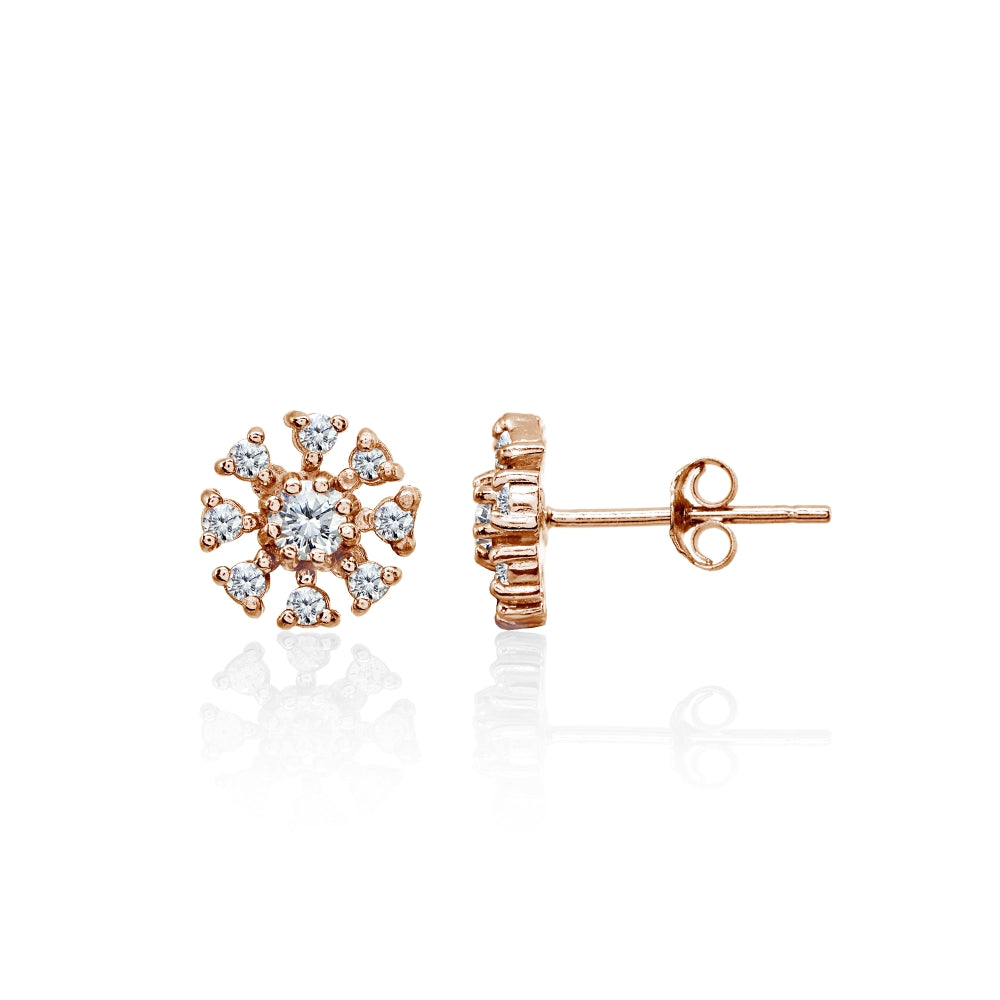 Rose Gold Flashed Sterling Silver Polished Cubic Zirconia Round-Cut Snowflake 9mm Stud Earrings