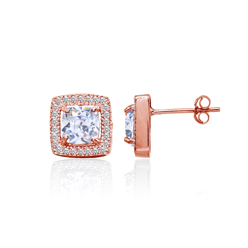 Rose Gold Flashed Sterling Silver Cubic Zirconia Cushion-Cut Halo 10mm Stud Earrings
