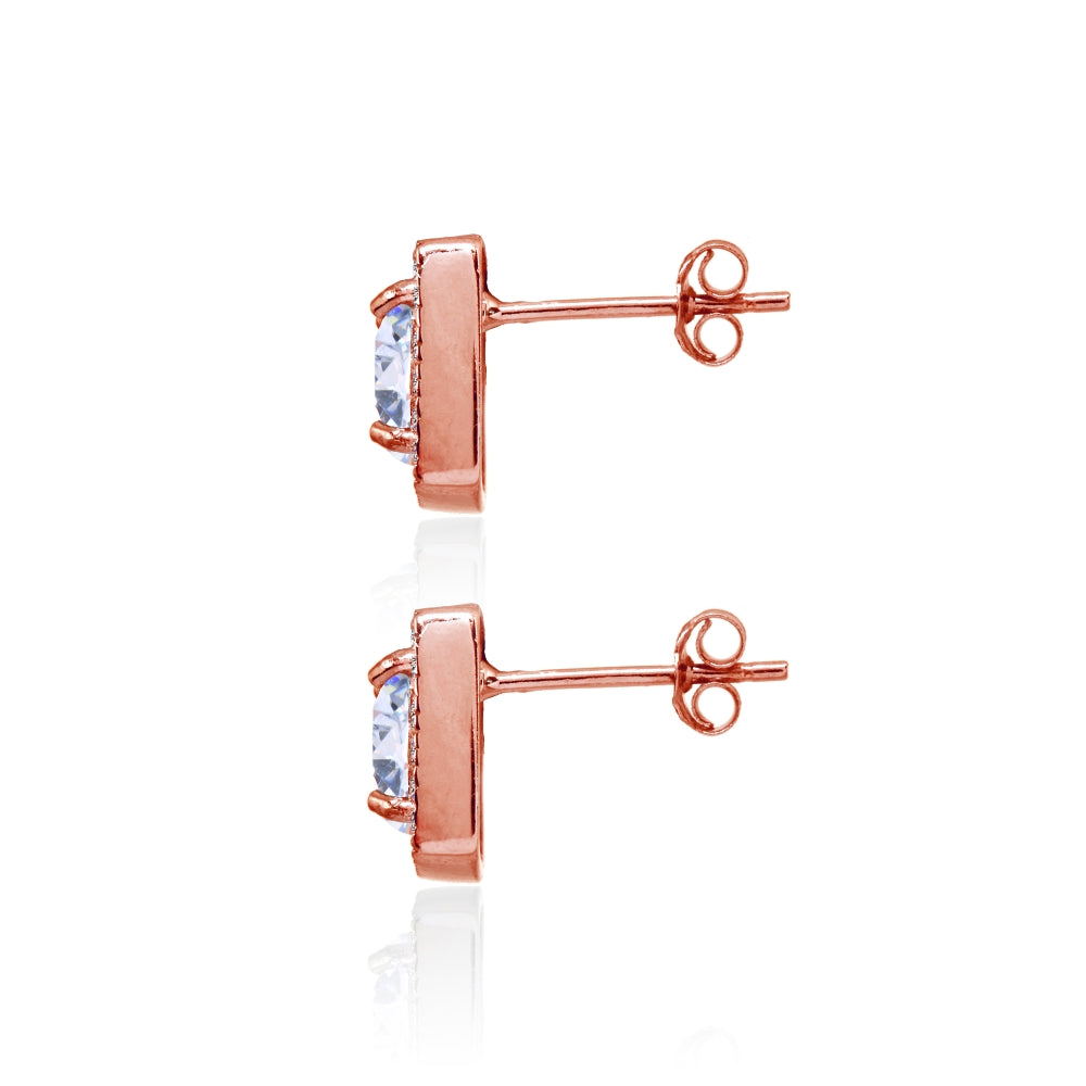 Rose Gold Flashed Sterling Silver Cubic Zirconia Cushion-Cut Halo 10mm Stud Earrings-2