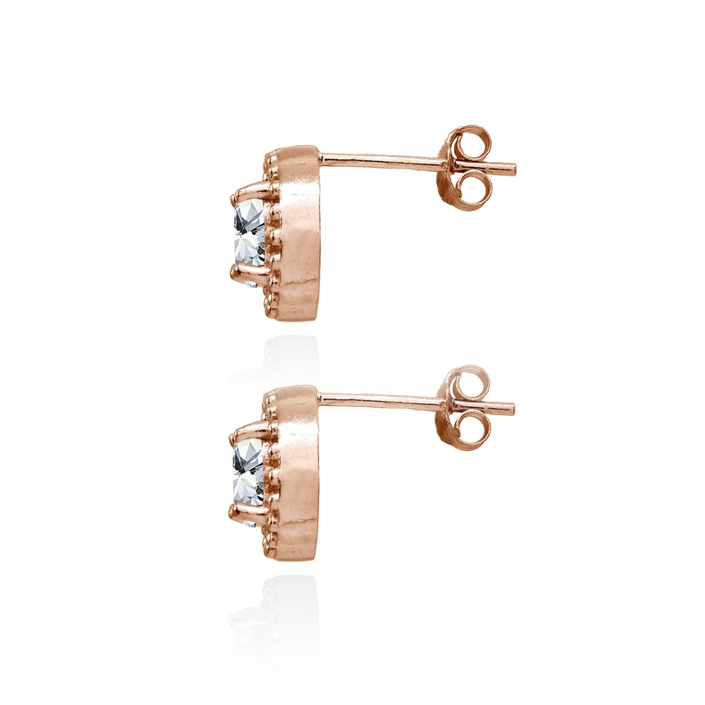 Rose Gold Flashed Sterling Silver Cubic Zirconia Round-Cut Beaded Halo 10mm Stud Earrings-2