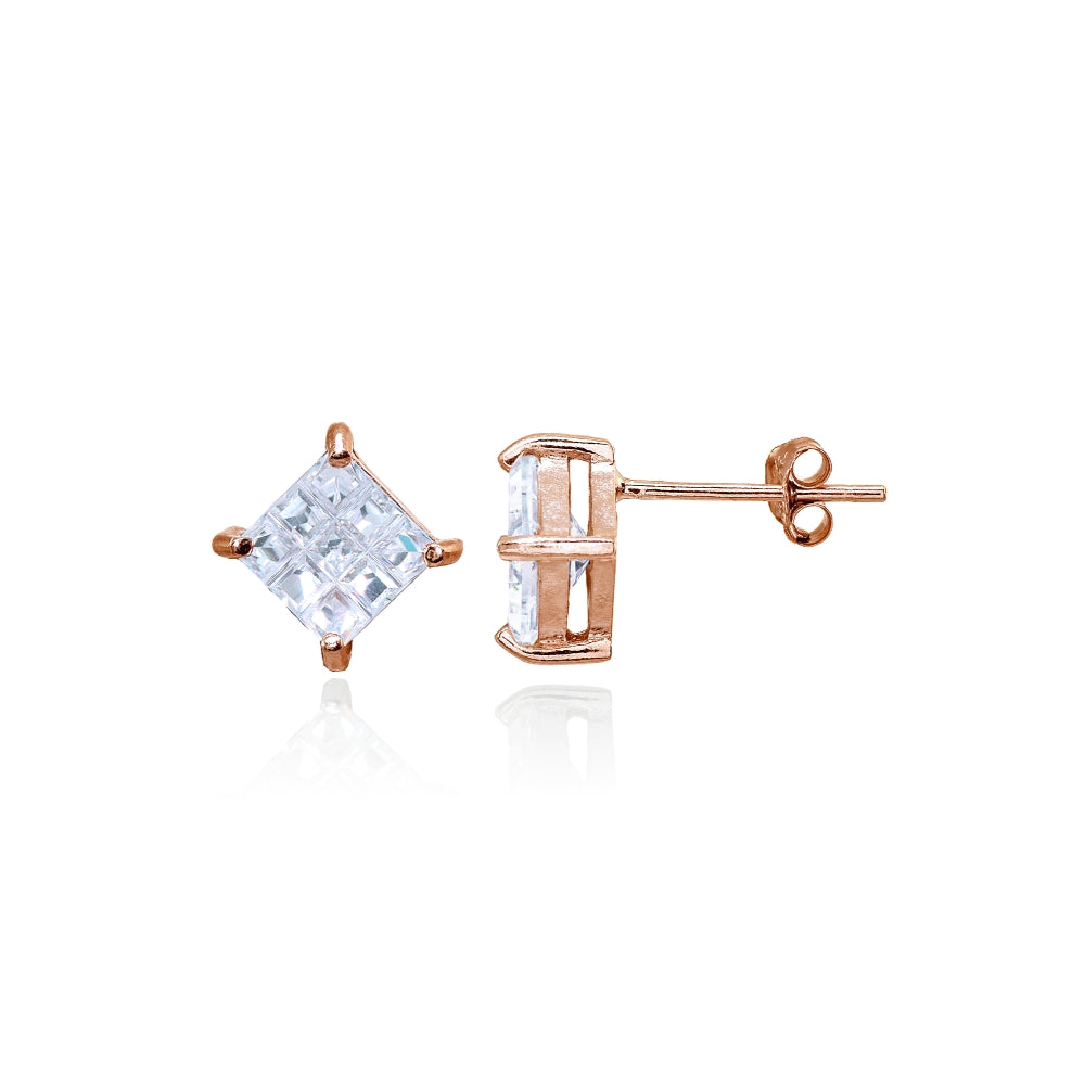 Rose Gold Flashed Sterling Silver Cubic Zirconia Princess-Cut Checkerboard 10mm Stud Earrings
