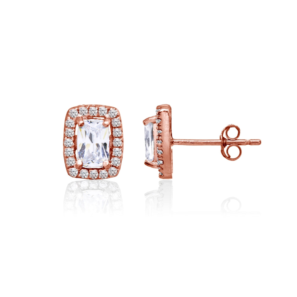 Rose Gold Flashed Sterling Silver Cubic Zirconia Cushion-Cut Halo Stud Earrings