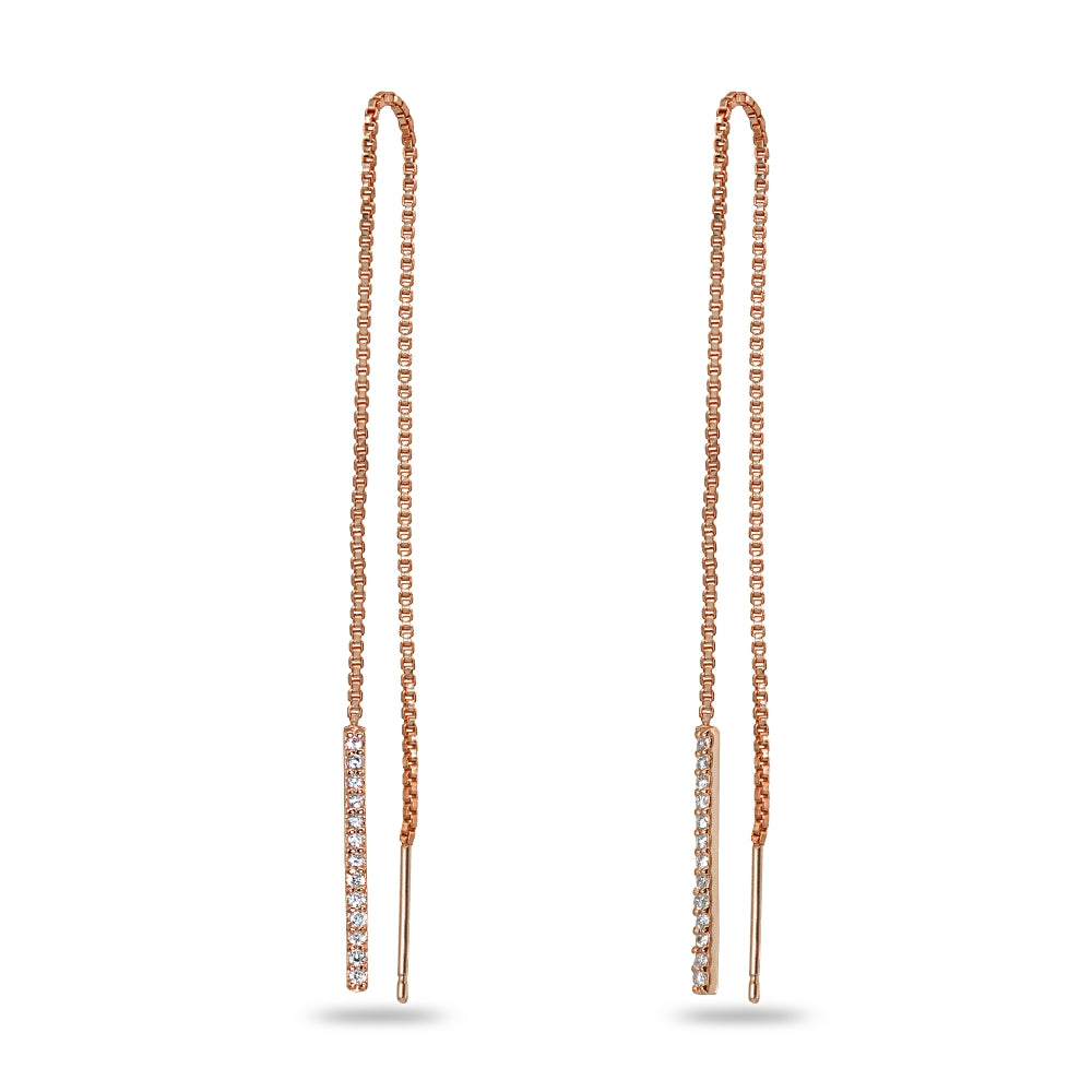 Rose Gold Flashed Sterling Silver Cubic Zirconia Bar Dangle Chain Long Drop Wrap Tassel Threader Earrings