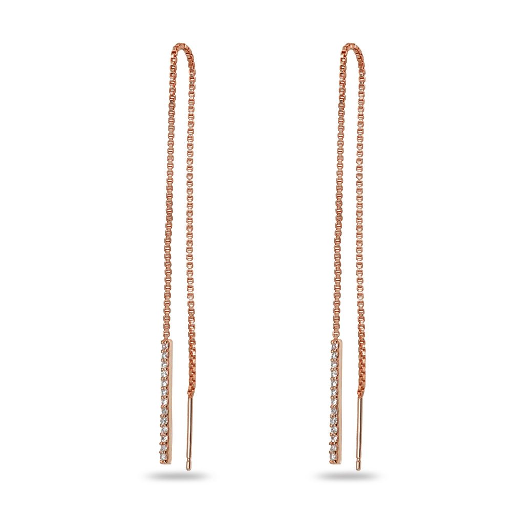 Rose Gold Flashed Sterling Silver Cubic Zirconia Bar Dangle Chain Long Drop Wrap Tassel Threader Earrings-2