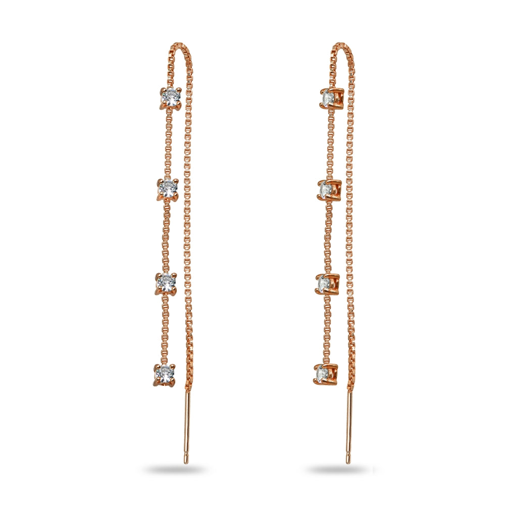 Rose Gold Flashed Sterling Silver Cubic Zirconia Round Long Dangle Chain Drop Wrap Tassel Threader Earrings